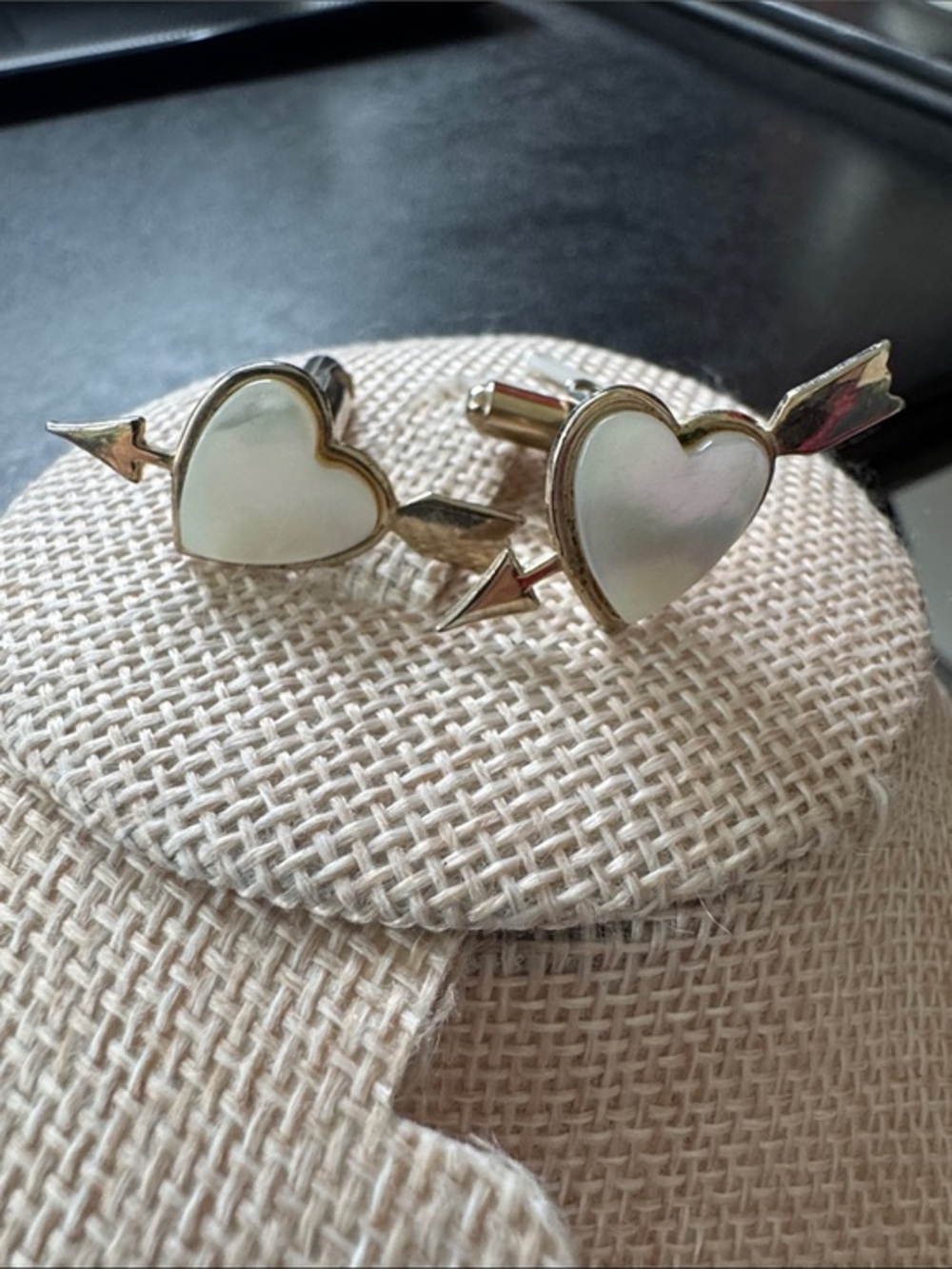 Mid Century MOP Shell Inlay Cupids Arrow Heart Cufflinks Swivel Back Links